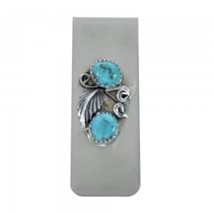 Turquoise Scalloped Leaf Sterling Silver Navajo Money Clip JX130753