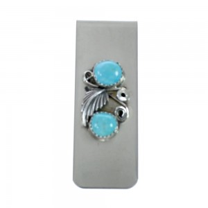 Turquoise Scalloped Leaf Sterling Silver Navajo Money Clip JX130754