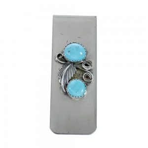 Turquoise Scalloped Leaf Sterling Silver Navajo Money Clip JX130755