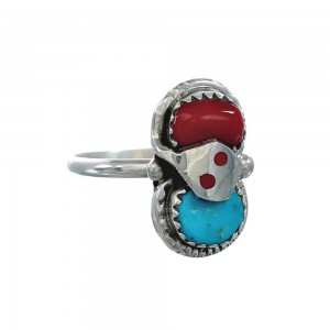 Zuni Turquoise Coral Authentic Sterling Silver Snake Ring Size 8-1/4 JX130823