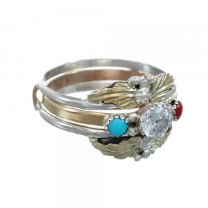 Native American Sterling Silver 12KGF Turquoise Coral Cubic Zirconia Ring Size 7-1/4 JX130884