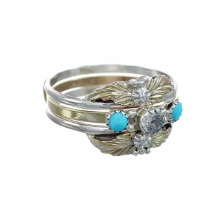 Sterling Silver 12KGF Turquoise Cubic Zirconia Feather Native American Ring Size 10 JX130871