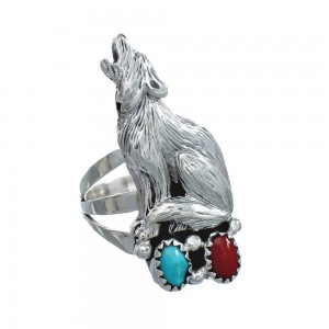 Navajo Sterling Silver Wolf Turqouise Coral Ring Size 7 JX130927