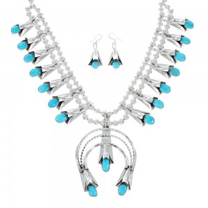 Navajo Turquoise Sterling Silver Squash Blossom Necklace Set JX130941