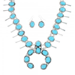 Turquoise Sterling Silver Squash Blossom Necklace Set JX130942