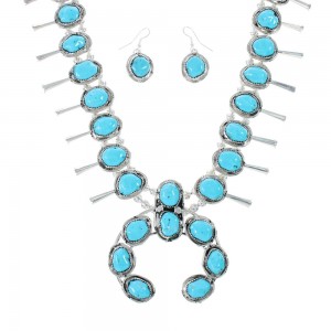 Turquoise Sterling Silver Squash Blossom Necklace Set JX130943