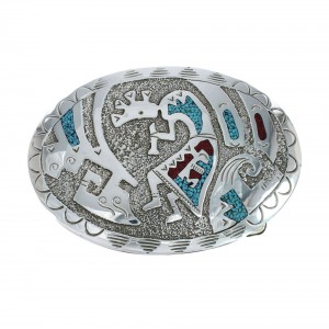 Turquoise And Coral Navajo Kokopelli Belt Buckle JX130972