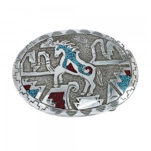 Turquoise And Coral Navajo Horse Belt Buckle JX130974