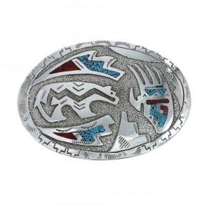 Turquoise And Coral Navajo Bear And Bear Paw Belt Buckle JX130975
