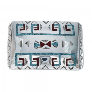 Turquoise And Coral Navajo Sterling Silver Water Wave Belt Buckle JX130977