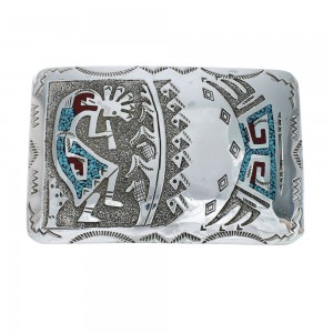 Turquoise And Coral Navajo Sterling Silver Kokopelli Belt Buckle JX130978