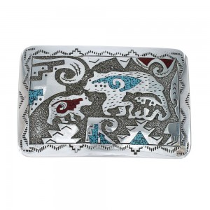 Turquoise And Coral Navajo Sterling Silver Bear Belt Buckle JX130980