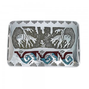 Turquoise And Coral Navajo Sterling Silver End Of The Trail Belt Buckle JX130981