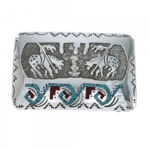 Turquoise And Coral Navajo Sterling Silver End Of The Trail Belt Buckle JX130982