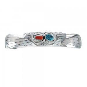 Native American Navajo Turquoise Coral Sterling Silver Hair Barrette JX131016