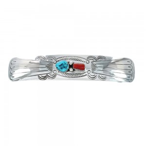 Native American Navajo Turquoise Coral Sterling Silver Hair Barrette JX131018