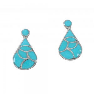 Native American Zuni Turquoise Tear Drop Sterling Silver Inlay Post Earrings JX131038