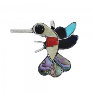 Zuni Multicolor Inlay Genuine Sterling Silver Hummingbird Pendant JX131164